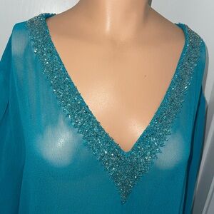 Roaman's Aquamarine Sheer coverup dress with Embellished plus size 1X